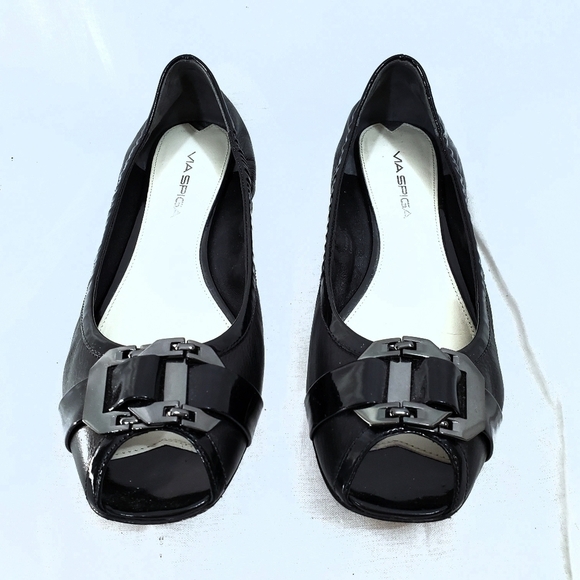 Via Spiga Black Patent Leather Peep Toe Flats - Picture 1 of 10